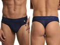 Xtremen navy blue honeycomb thong with logo waistband, front and back view.