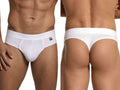 Xtremen white thong featuring textured mesh fabric, shown from front and back views. Style: 50854.