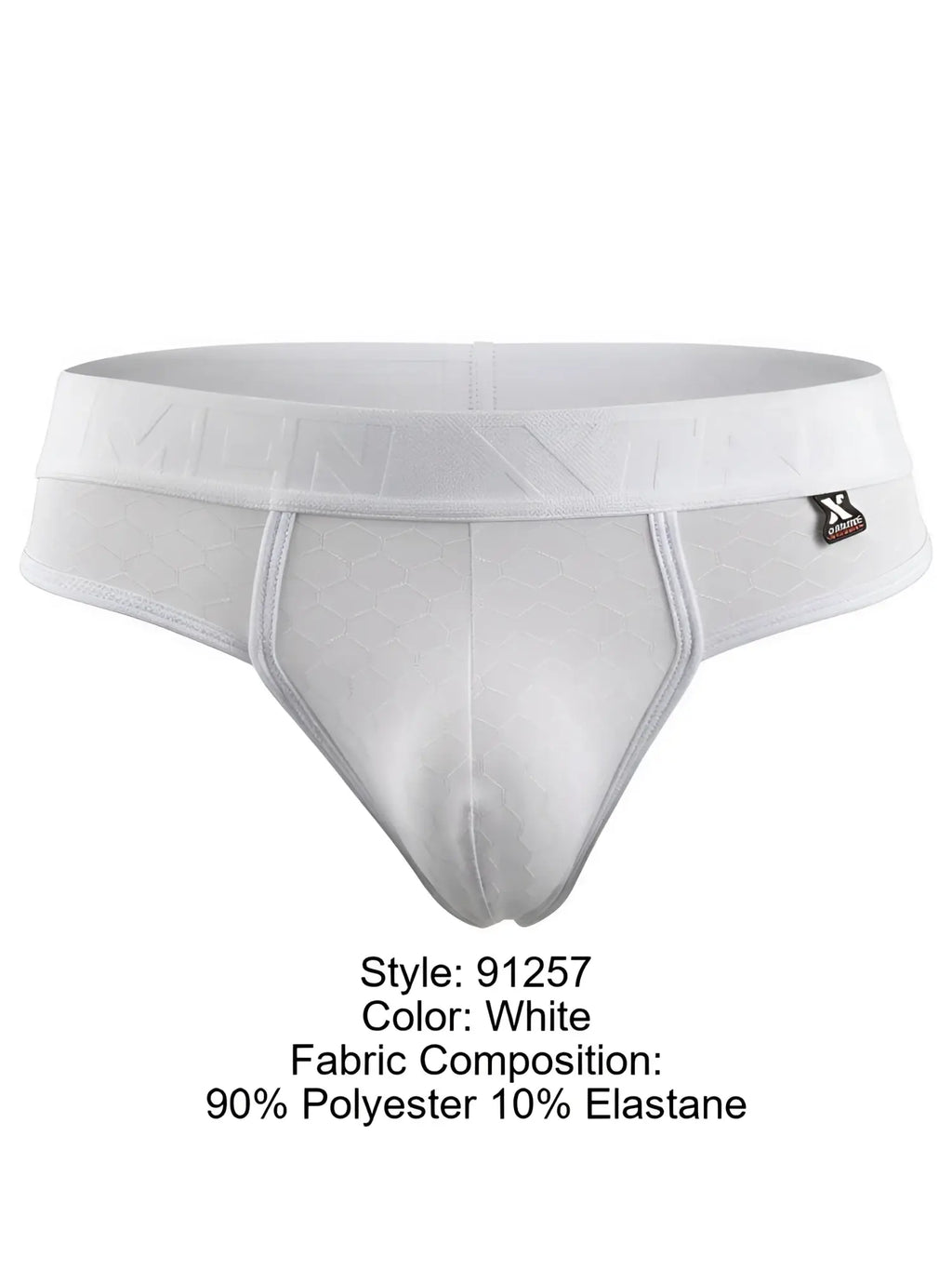 Xtremen 91257 white bikini brief in polyester-elastane with a textured honeycomb pattern.