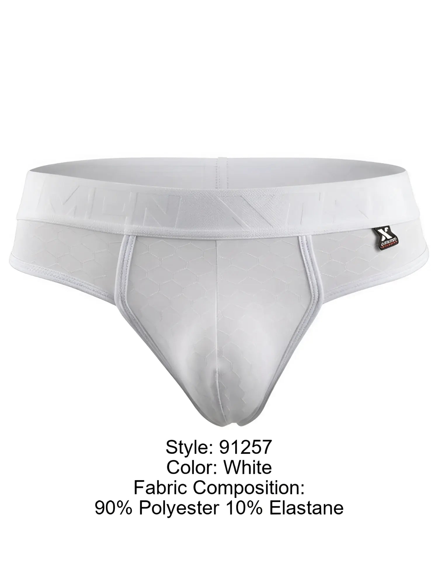 Xtremen 91257 white bikini brief in polyester-elastane with a textured honeycomb pattern.