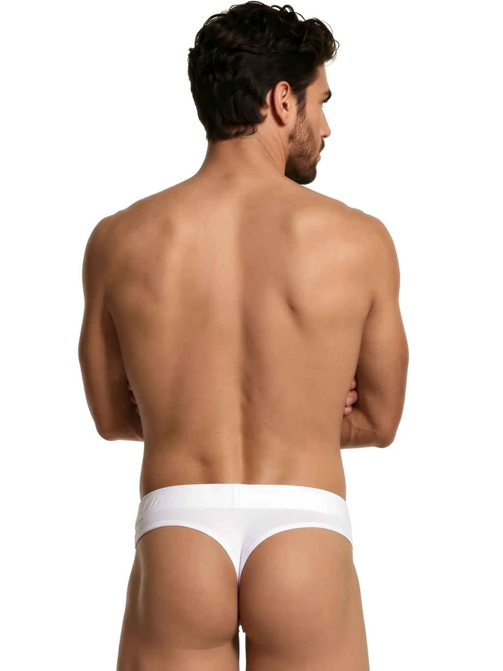 Xtremen men's white thong, model 90910. Smooth, lightweight fabric, back view.