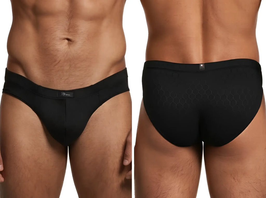 Xtremen black honeycomb-patterned brief. Front and back view of men's underwear with elastic waistband and logo tag.