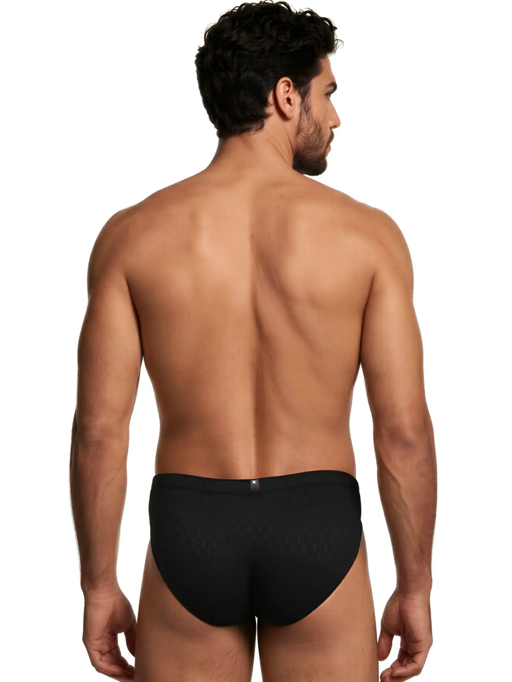 Xtremen black bikini briefs with textured honeycomb pattern, seen from the back. Essential everyday underwear.