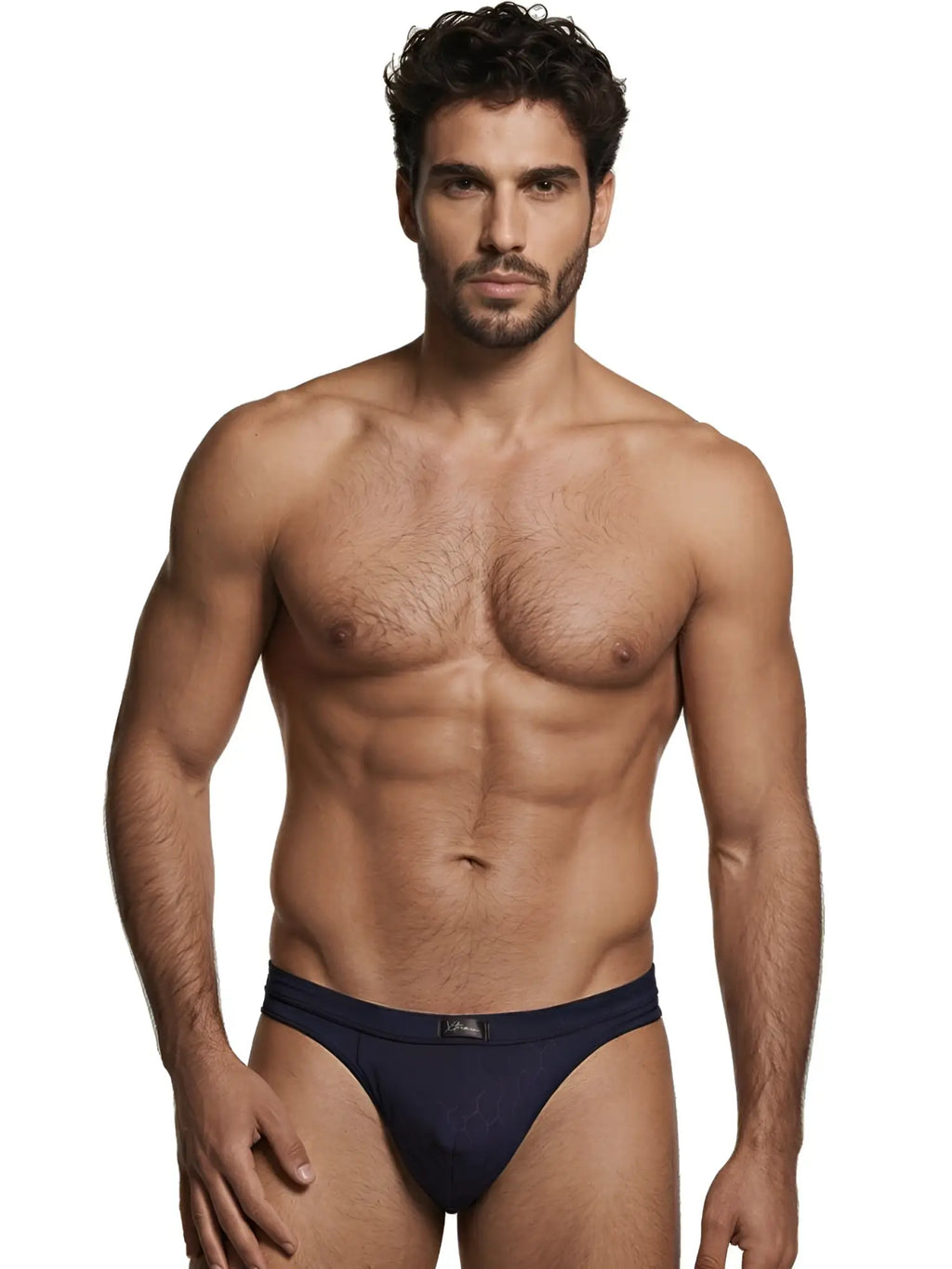 Xtremen navy bikini brief with honeycomb pattern and elastic waistband. Model 98520.