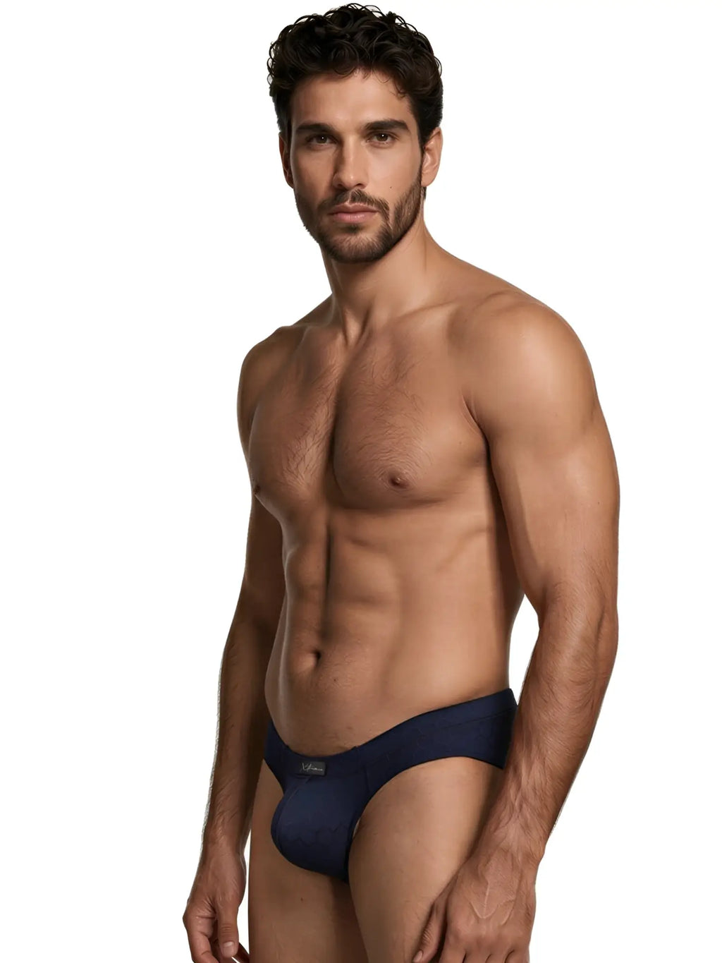 Xtremen navy blue honeycomb pattern bikini brief. Slim-fit, low-rise style with a branded front tab.
