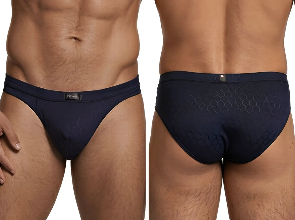 Xtremen navy blue honeycomb pattern bikini brief. Features a branded waistband, showing front and back views.