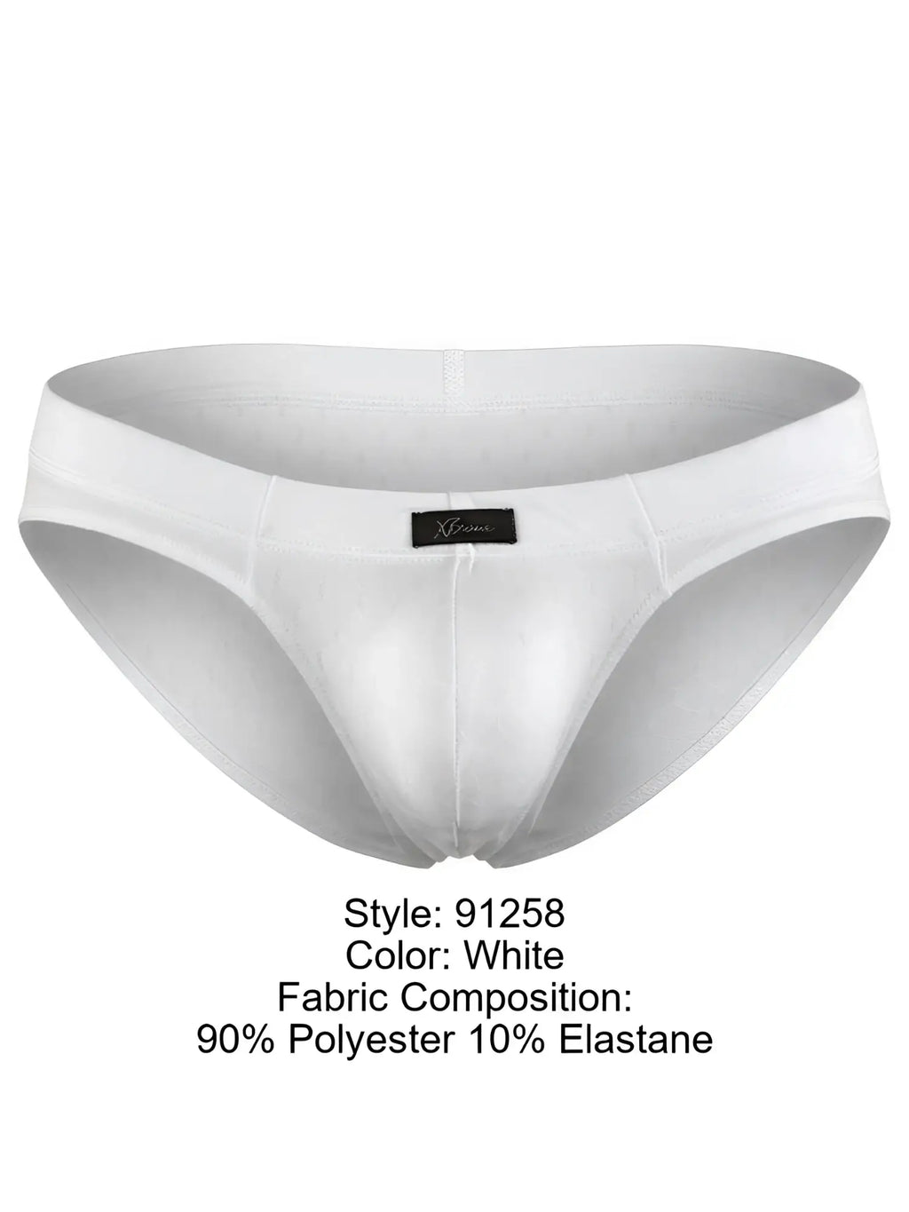 Xtremen men’s white brief, model 91258, made from 90% polyester and 10% elastane.