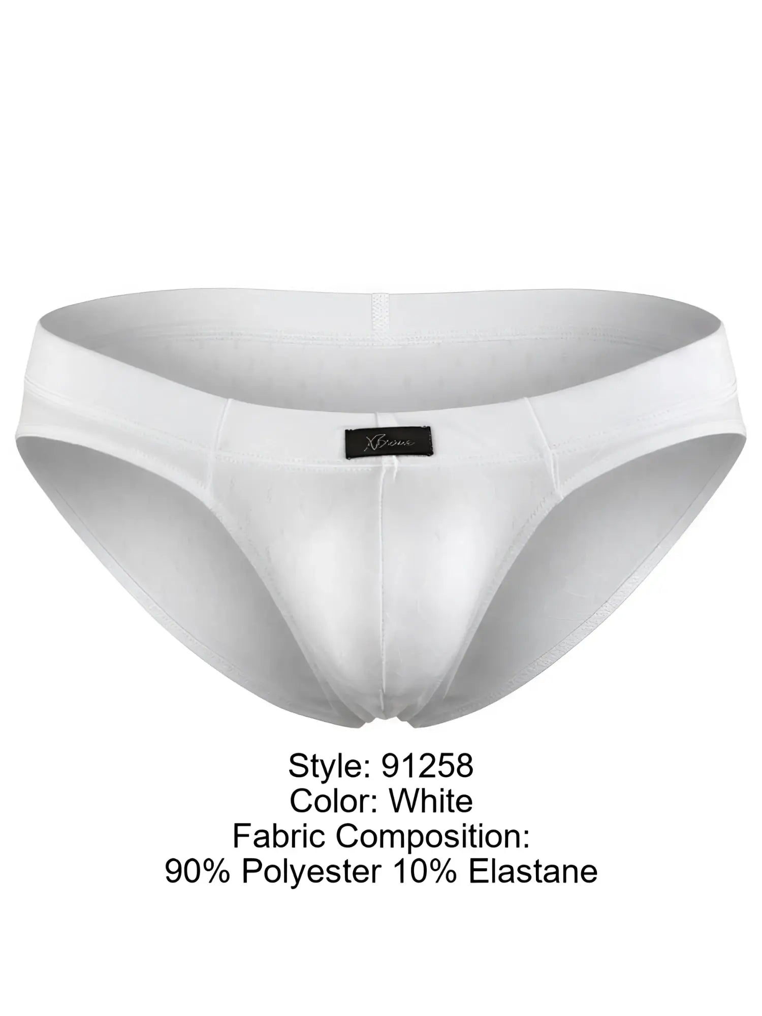 Xtremen men’s white brief, model 91258, made from 90% polyester and 10% elastane.