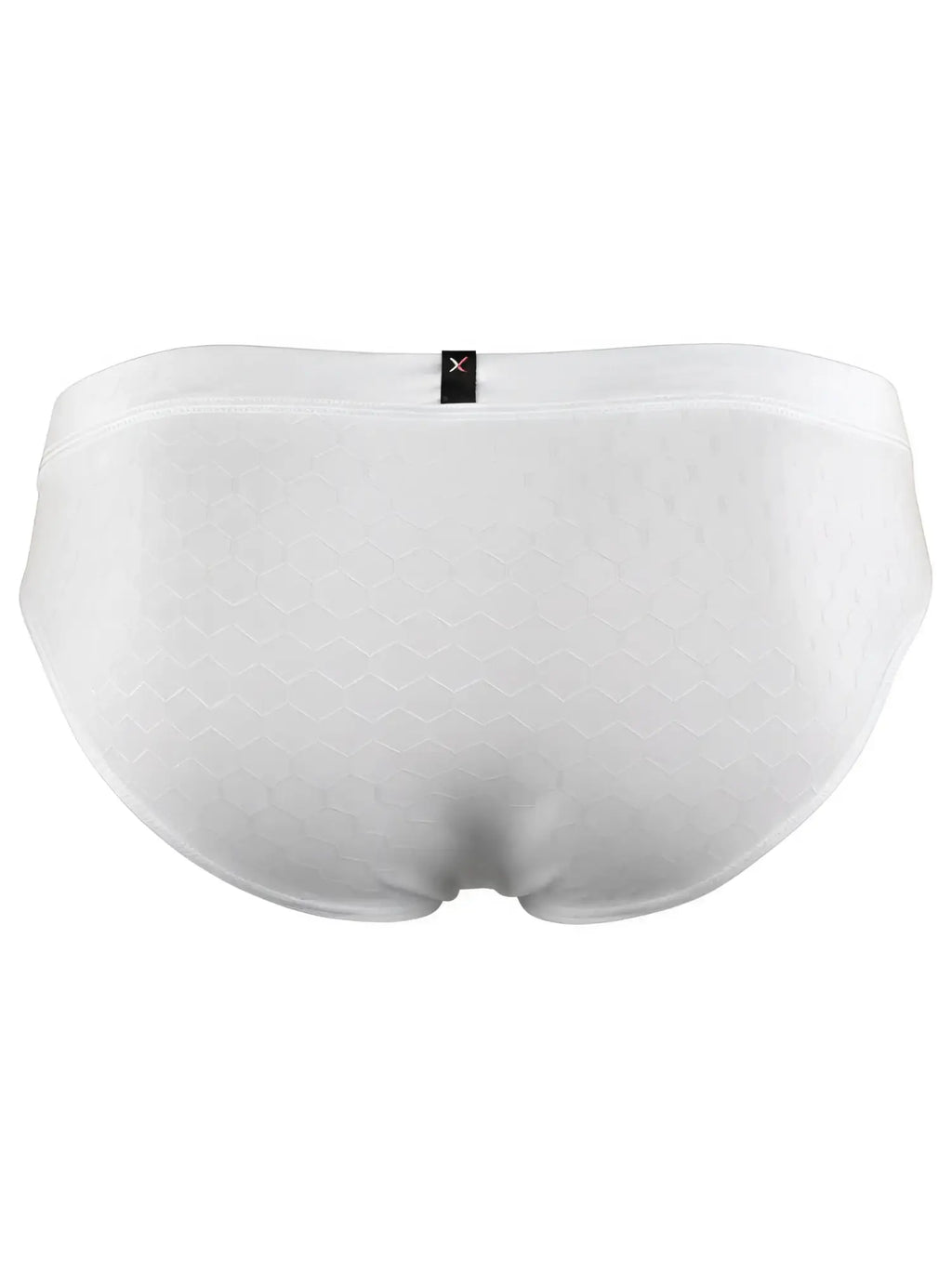 Xtremen white brief with textured honeycomb pattern and back logo tag. Back view.
