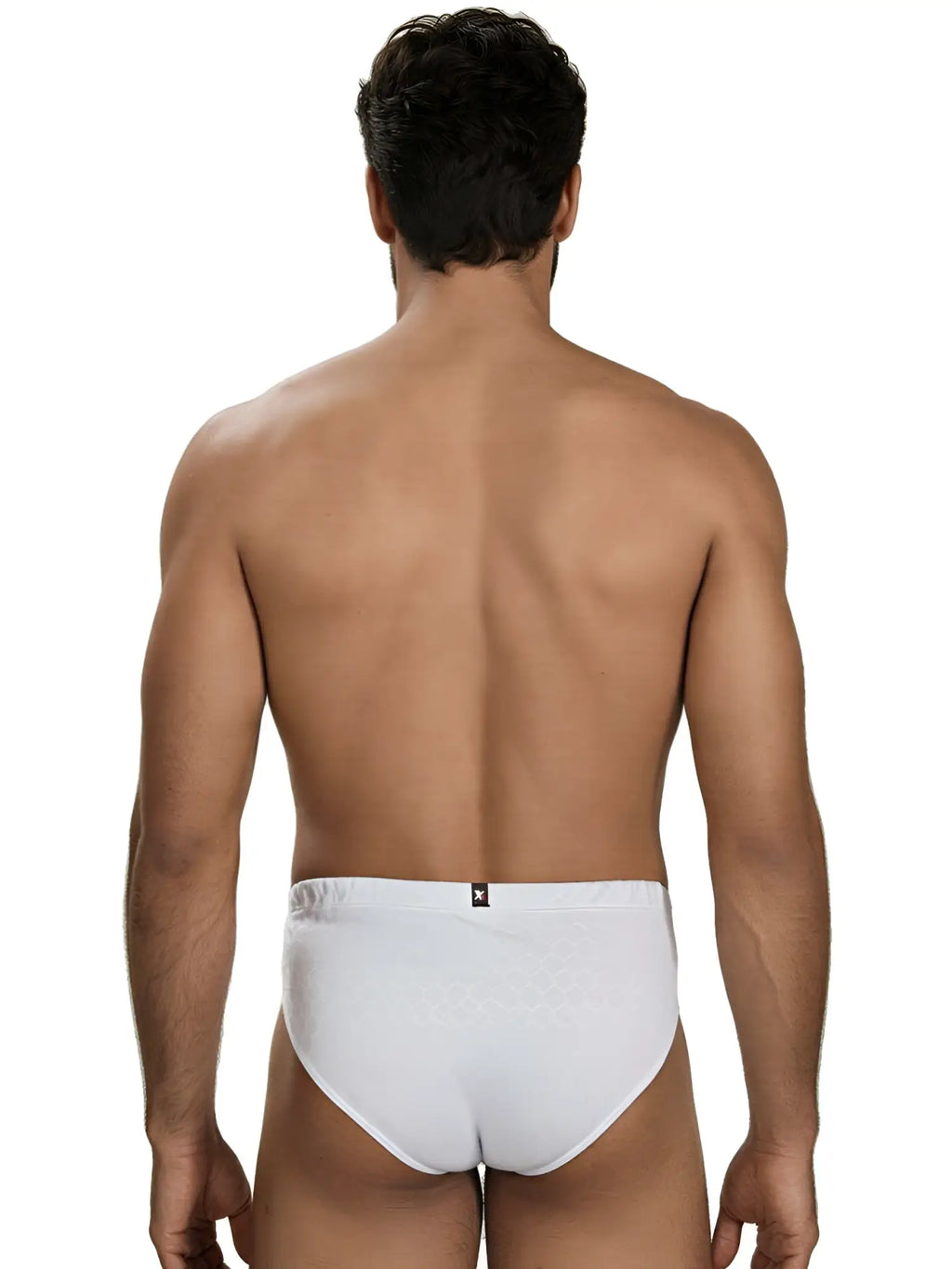 Xtremen white honeycomb-textured brief with branded waistband. Rear view of model.
