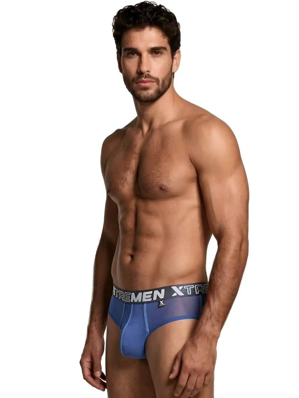 Xtremen blue mesh brief with branded grey waistband. Model 91280.