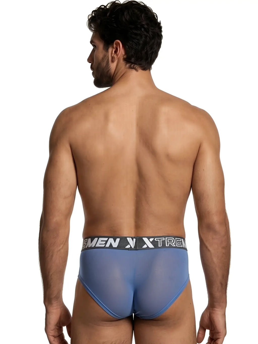 Xtremen blue sheer mesh brief with branded elastic waistband. Back view of male model.