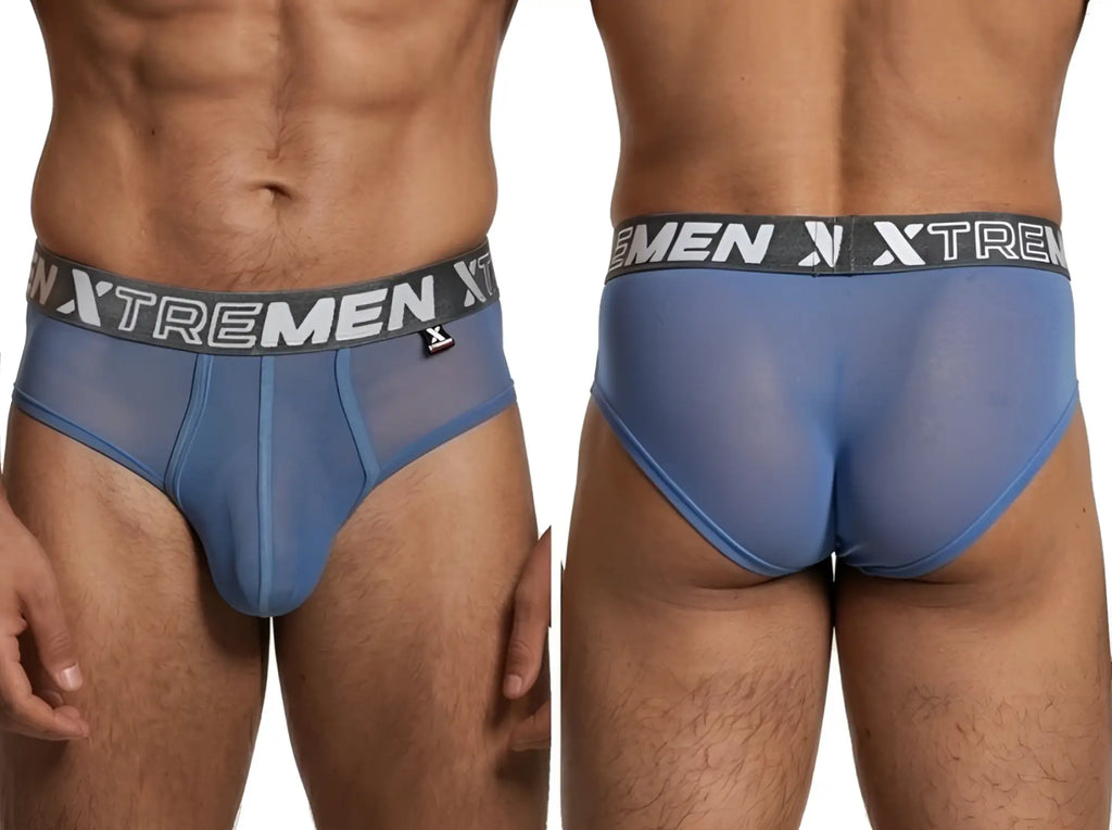Xtremen blue mesh brief with branded elastic waistband. Front and back view of style 90760.