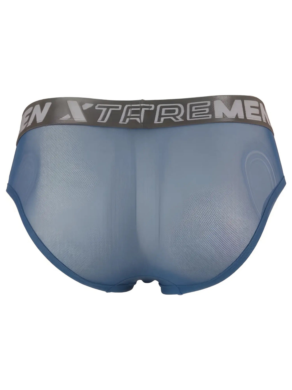 Xtremen blue mesh brief with branded grey waistband. Back view of semi-sheer breathable fabric.
