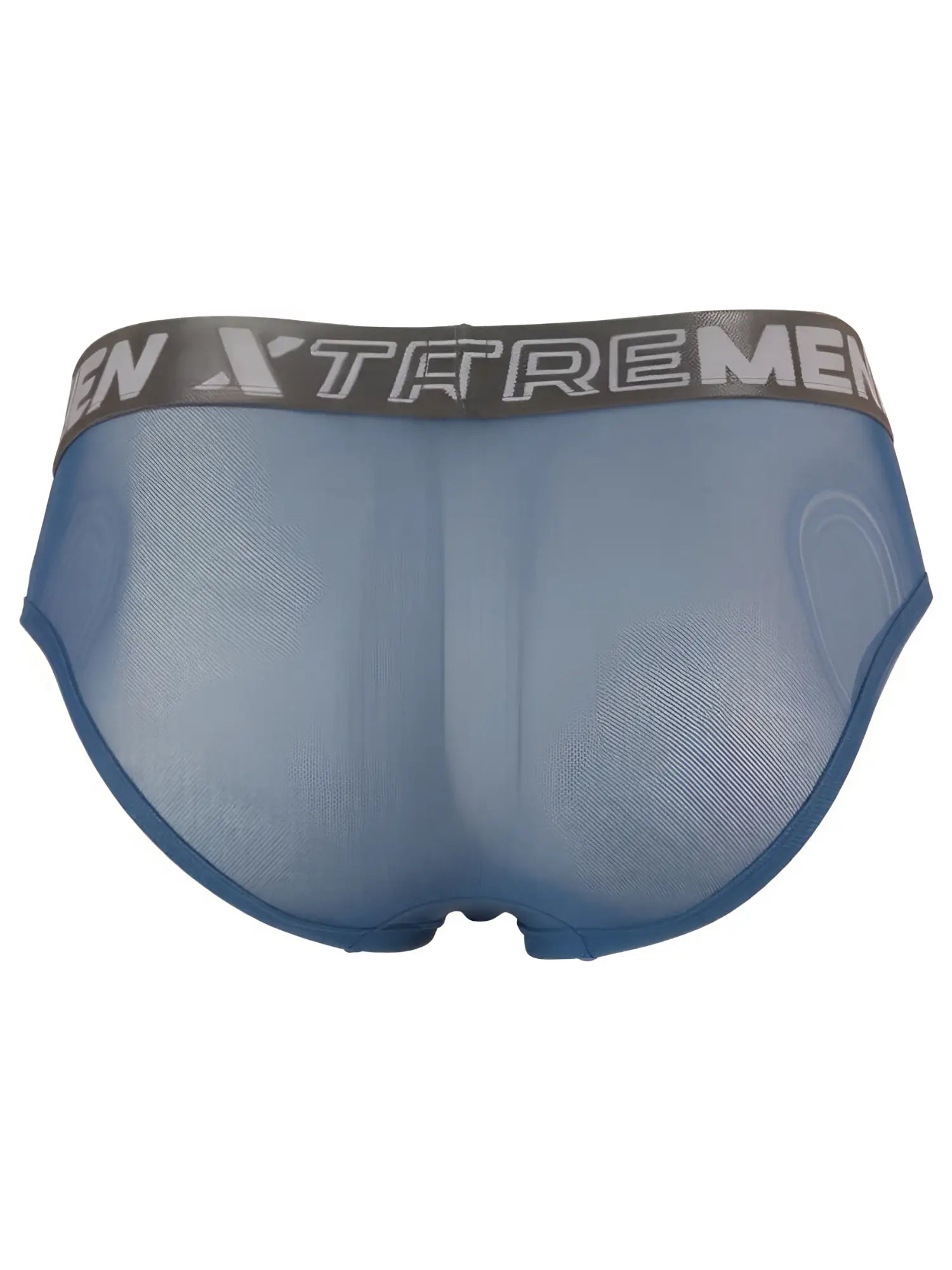 Xtremen blue mesh brief with branded grey waistband. Back view of semi-sheer breathable fabric.