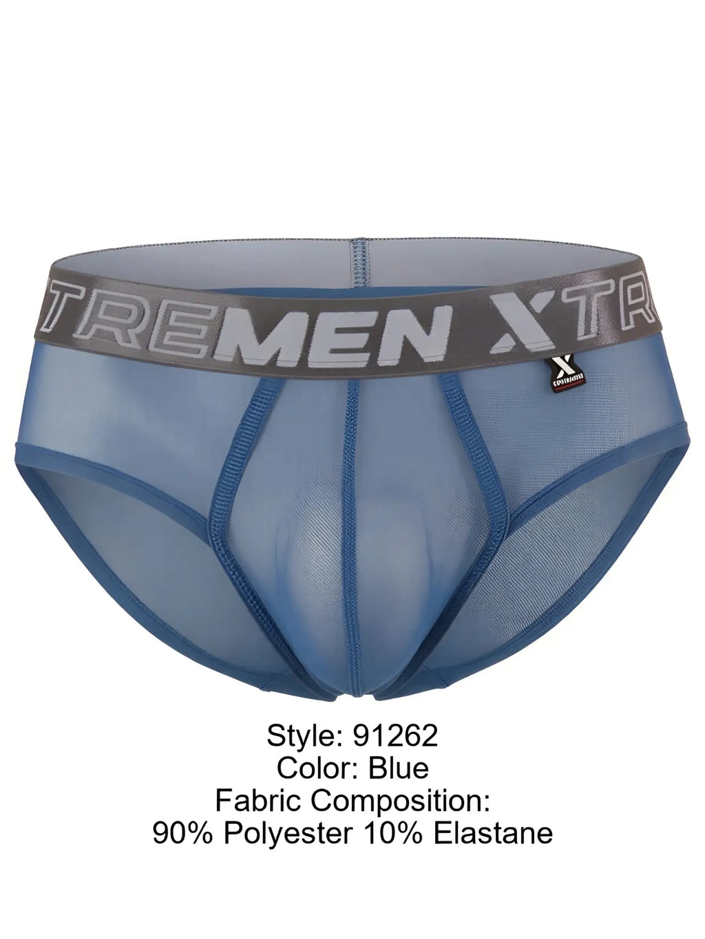 Xtremen blue mesh brief, style 91262. Polyester elastane blend with branded grey waistband.