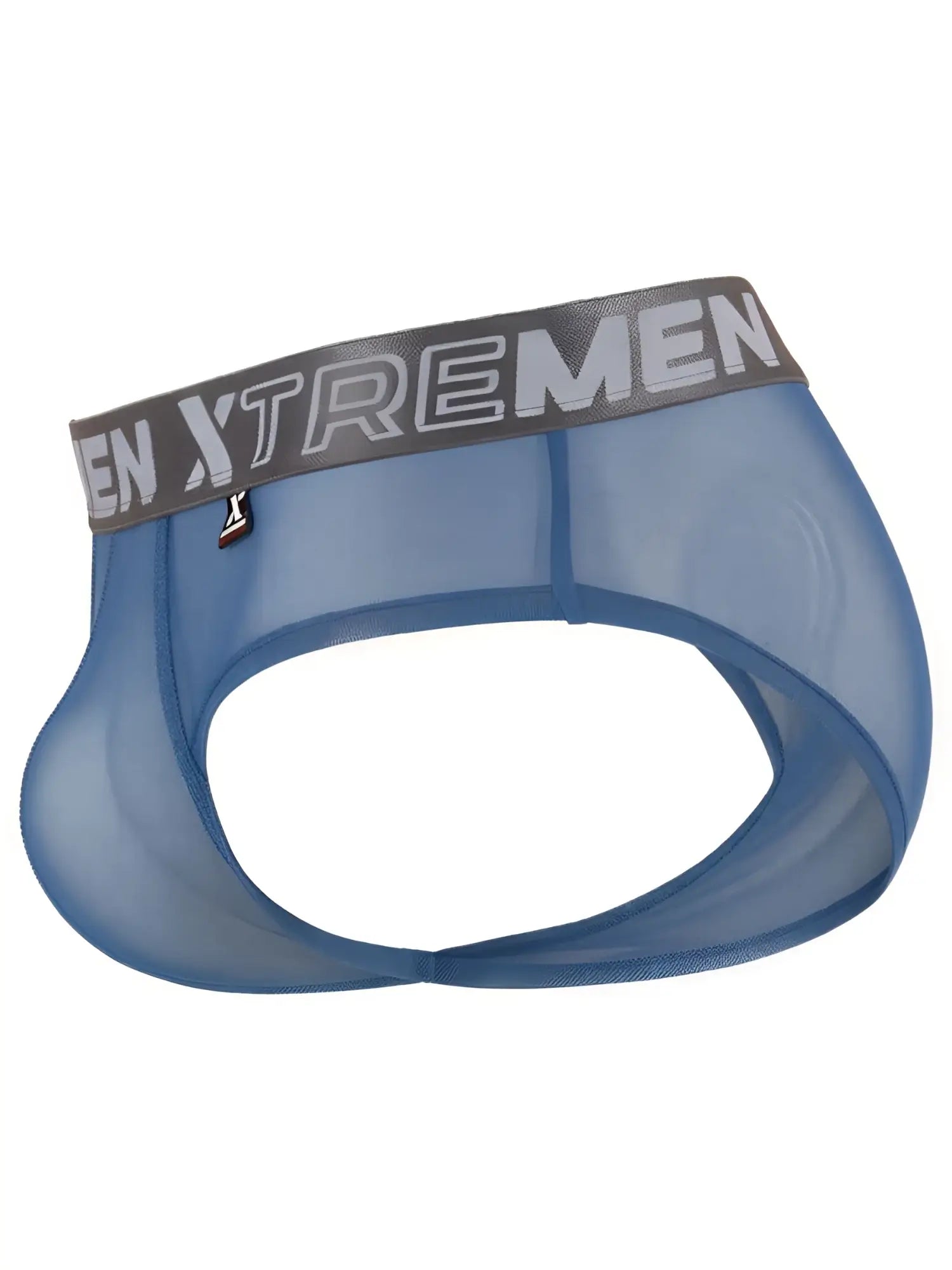 Xtremen men’s mesh thong in blue with grey branded waistband. Low-rise athletic style.