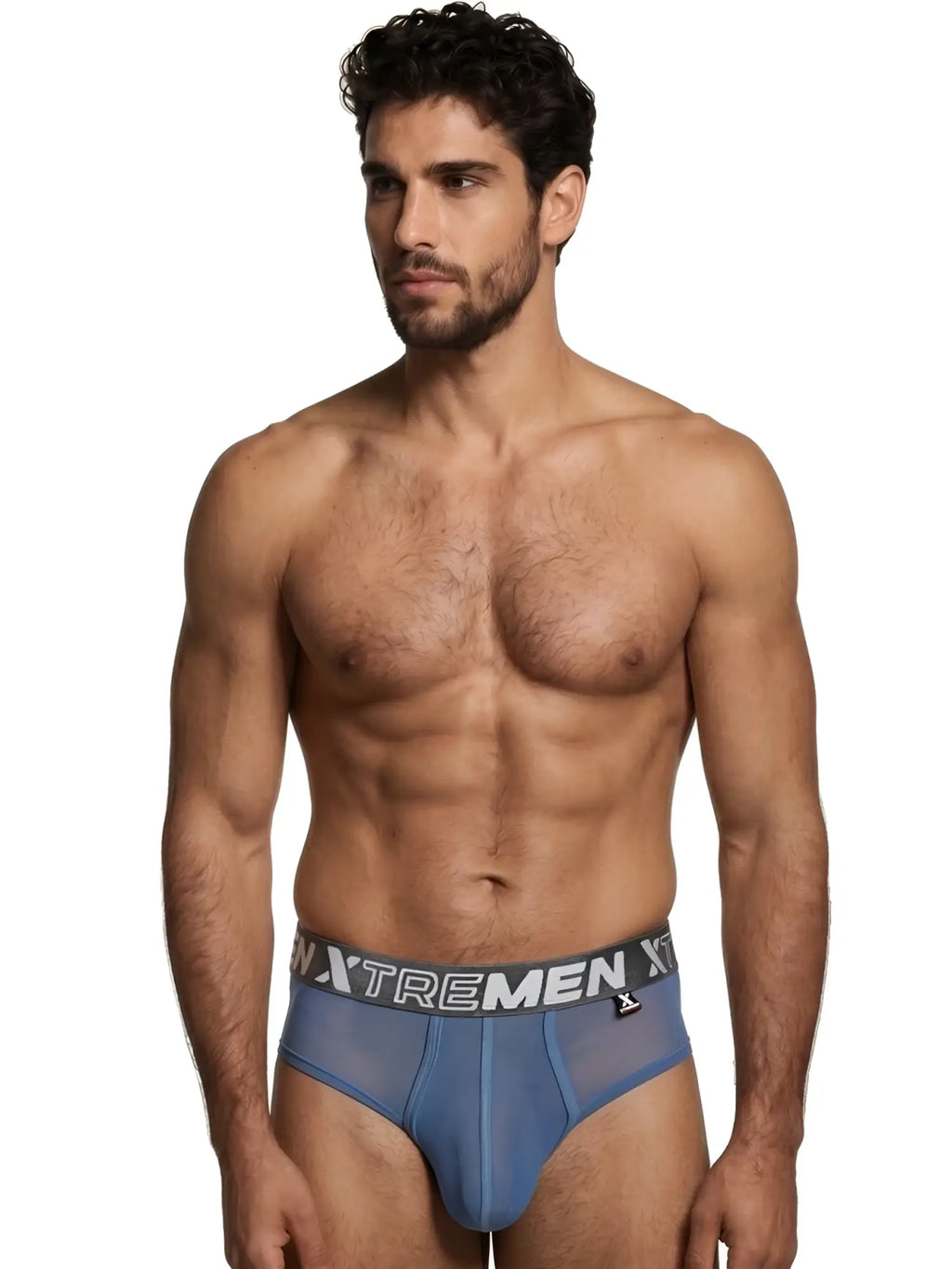 Xtremen mesh brief in blue with branded waistband. Model 95100. Breathable, sheer fabric.
