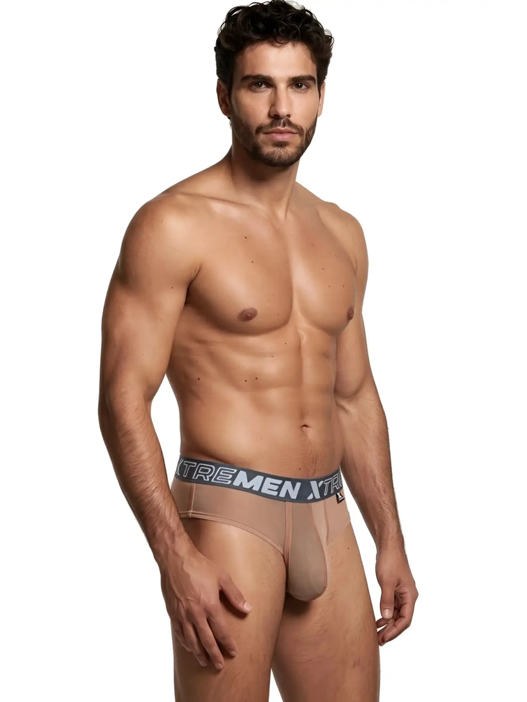 Xtremen men's beige sheer mesh bikini brief with branded grey elastic waistband. Model 95100.