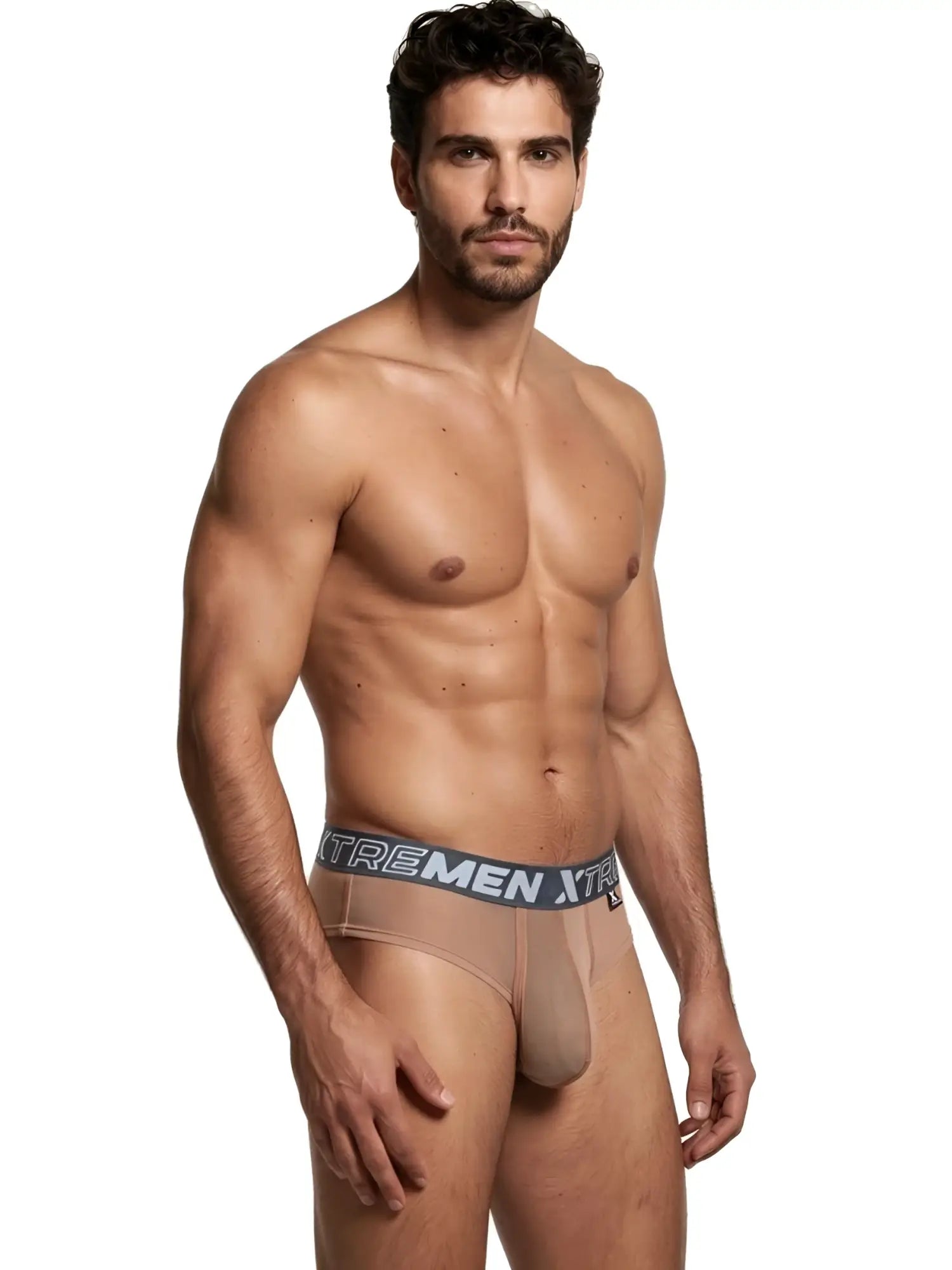 Xtremen men's beige sheer mesh bikini brief with branded grey elastic waistband. Model 95100.