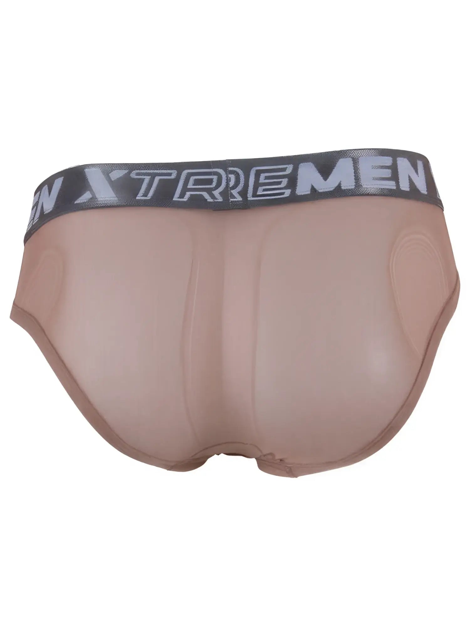 Xtremen sheer beige mesh bikini brief with logo waistband. Rear view of padded design.