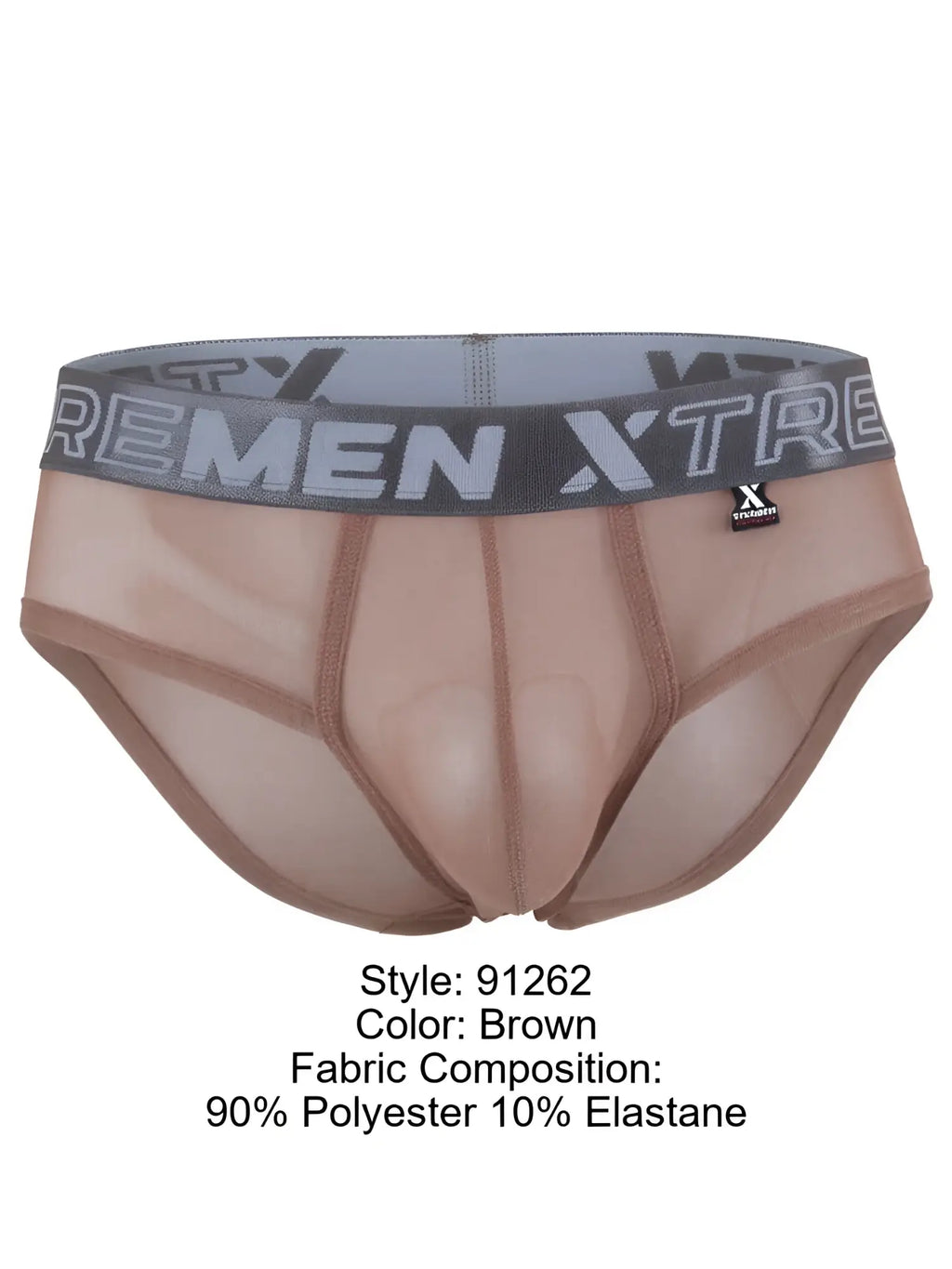 Xtremen 91262 brown mesh bikini briefs in polyester-elastane blend with branded grey waistband.