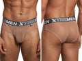 Xtremen tan mesh bikini briefs with grey branded waistband. Front and back view of sheer, lightweight fabric.