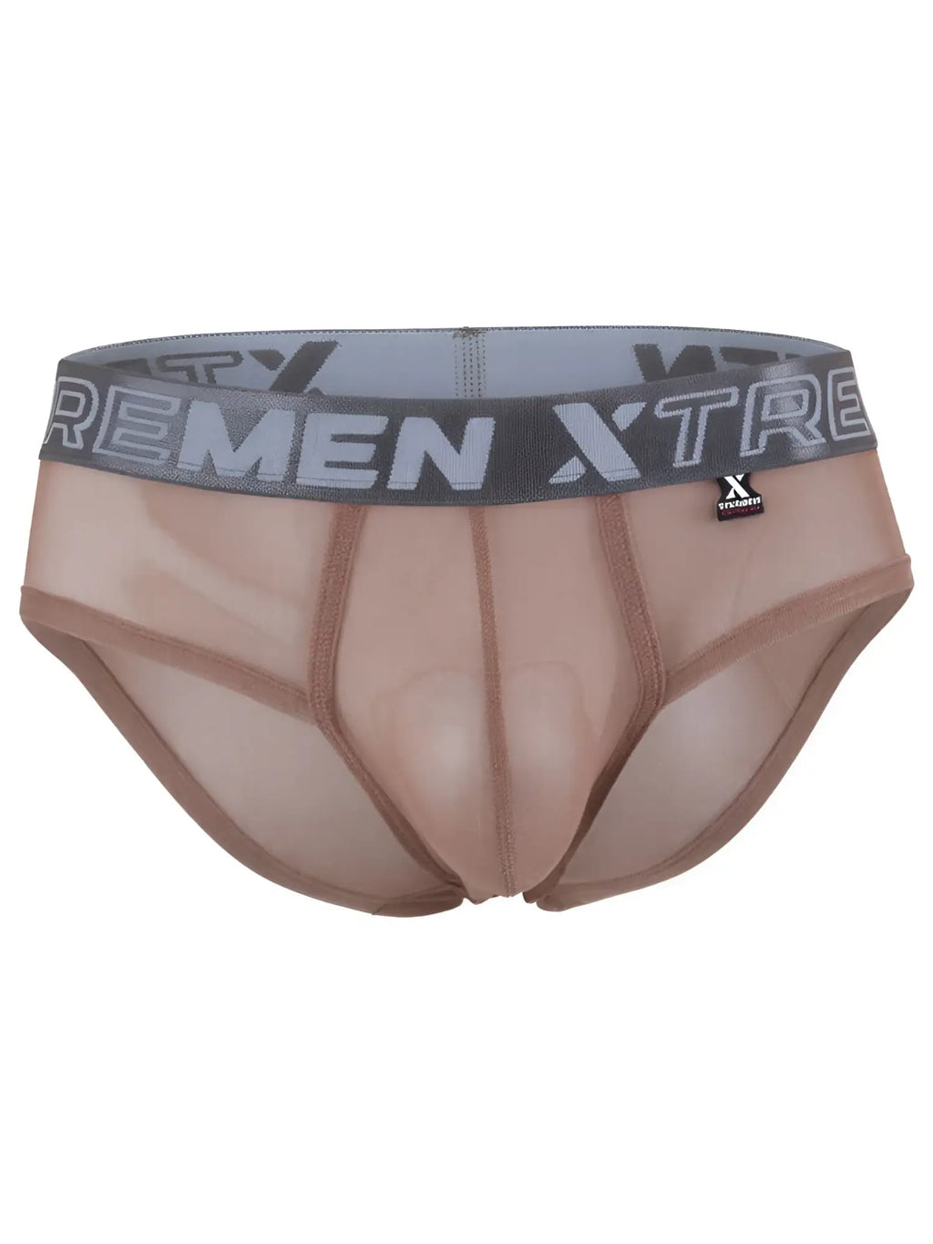 Xtremen sheer mesh brief in tan with grey logo waistband.