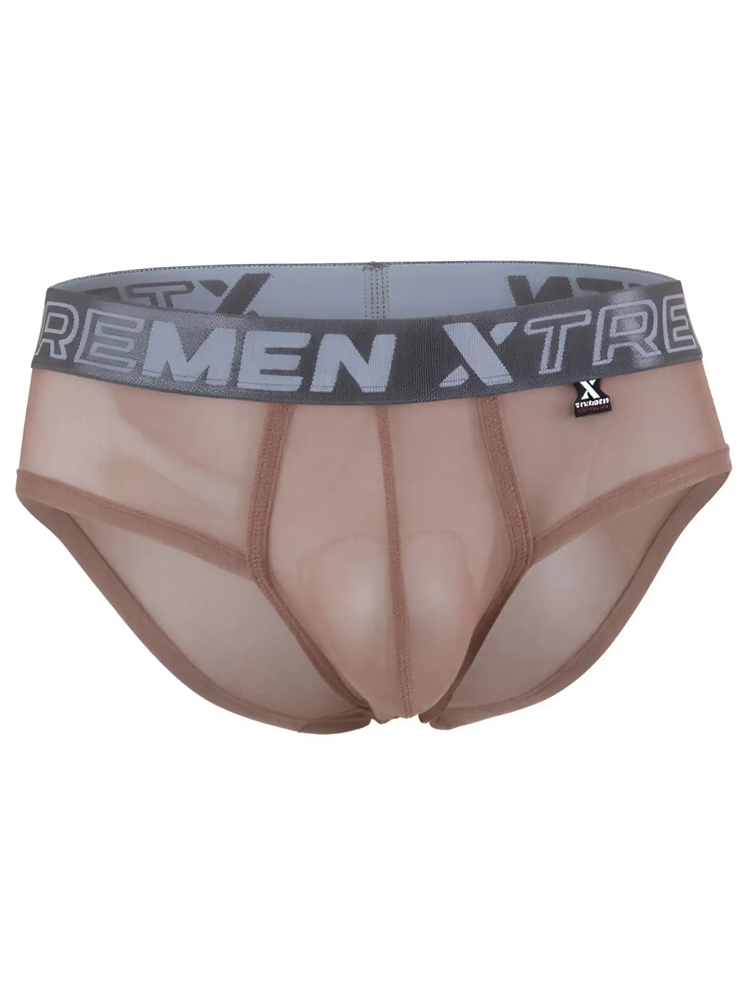 Xtremen sheer mesh brief in tan with grey logo waistband.
