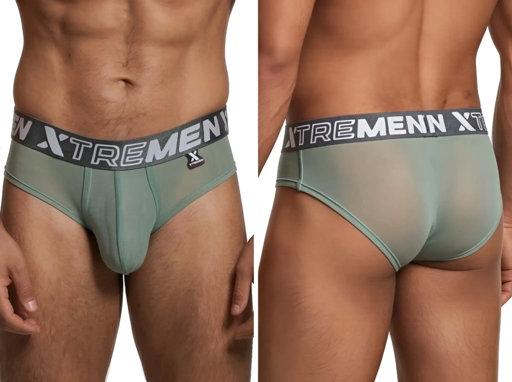 Xtremen mesh briefs in sage green with branded elastic waistband, shown from front and back views.