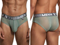 Xtremen mesh briefs in sage green with branded elastic waistband, shown from front and back views.