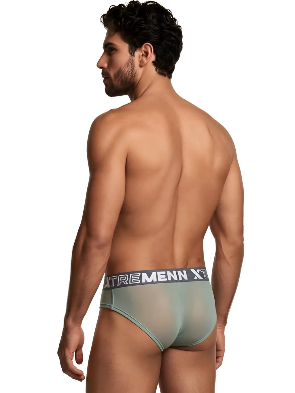 Xtremen brief in sage green sheer mesh with branded elastic waistband. View from back.