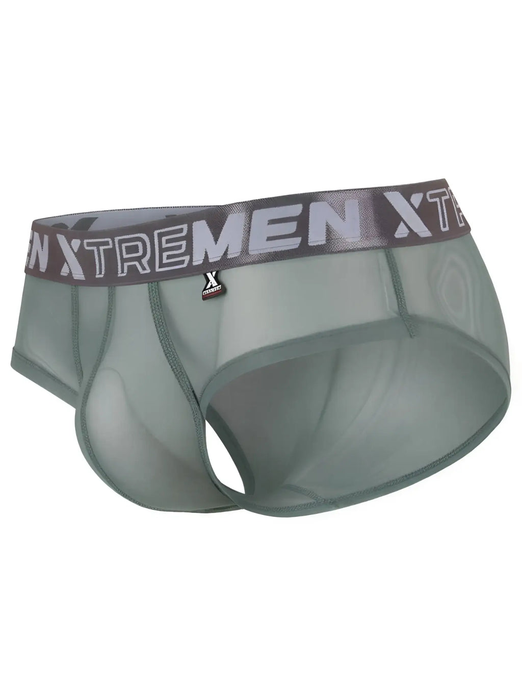 Xtremen men's khaki sheer mesh bikini brief with logo waistband.