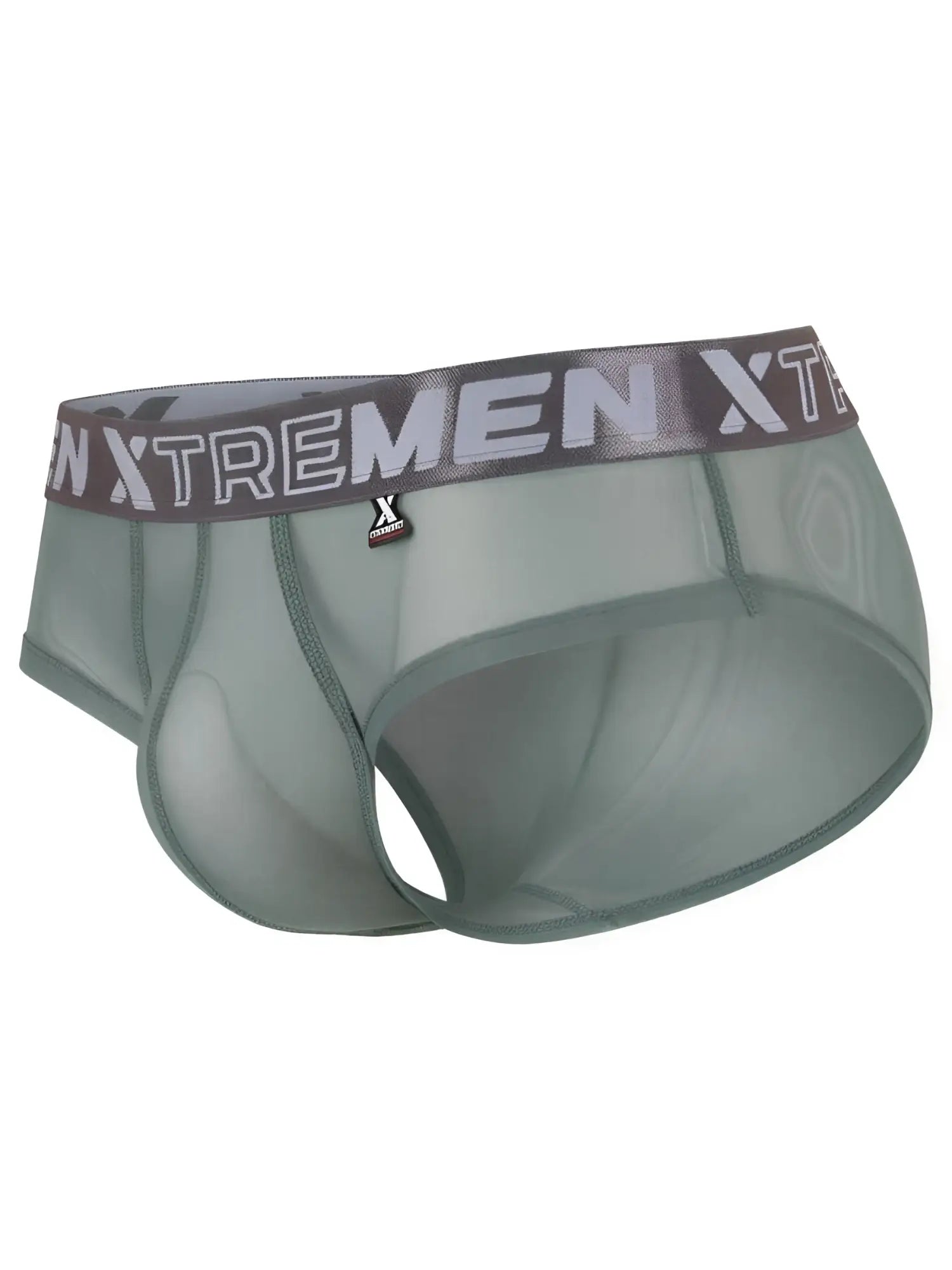 Xtremen men's khaki sheer mesh bikini brief with logo waistband.