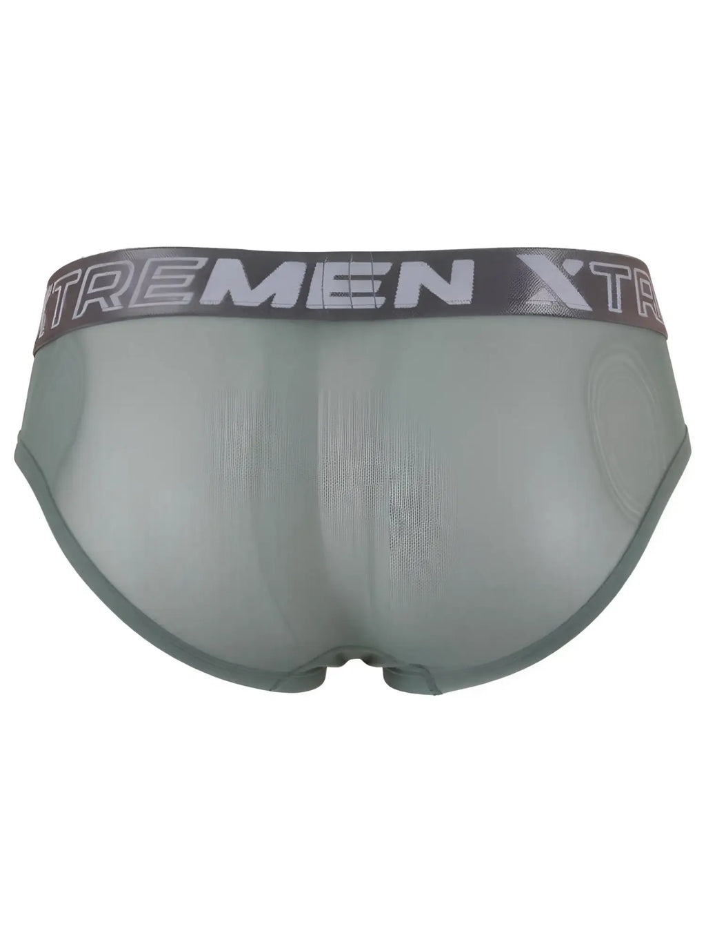 Xtremen sheer mesh brief in khaki with grey branded waistband. Rear view.