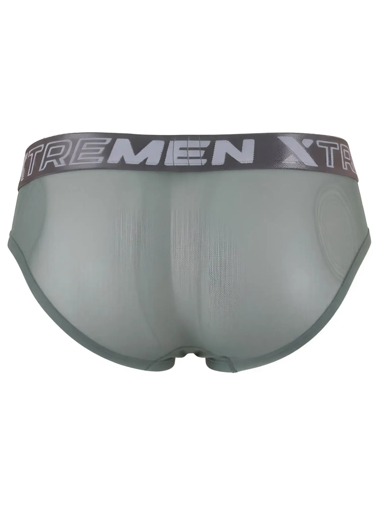 Xtremen sheer mesh brief in khaki with grey branded waistband. Rear view.