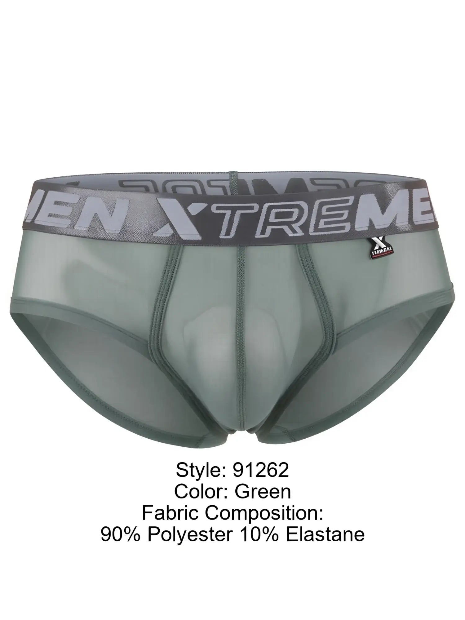 Xtremen 91262 green bikini briefs. Sheer polyester-elastane fabric with branded grey elastic waistband.