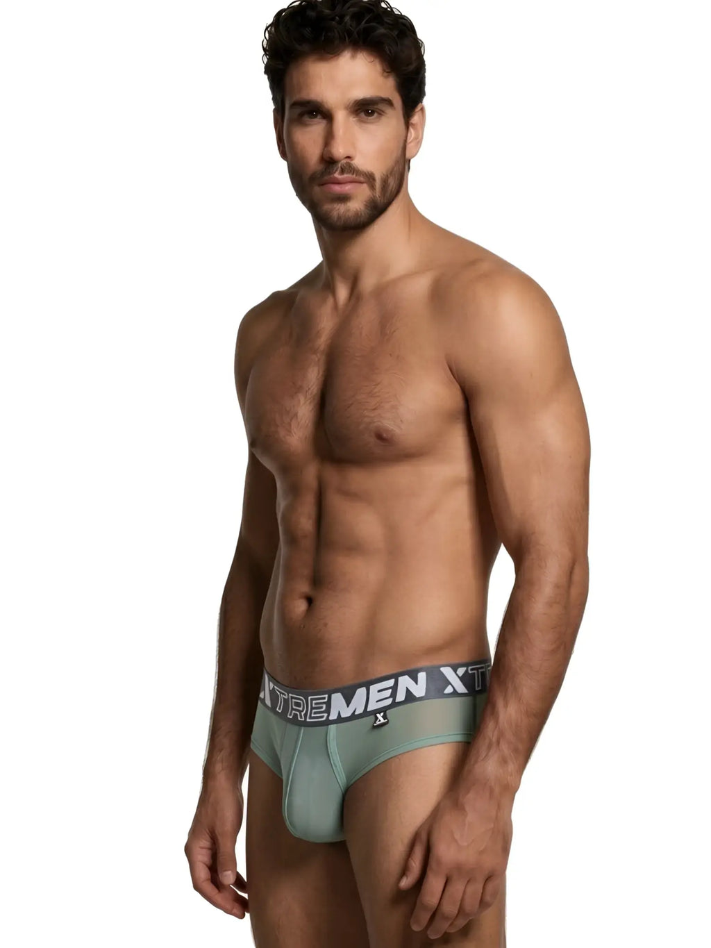 Xtremen sage green mesh bikini brief with logo waistband. Stylish men's underwear with a modern, breathable fit.