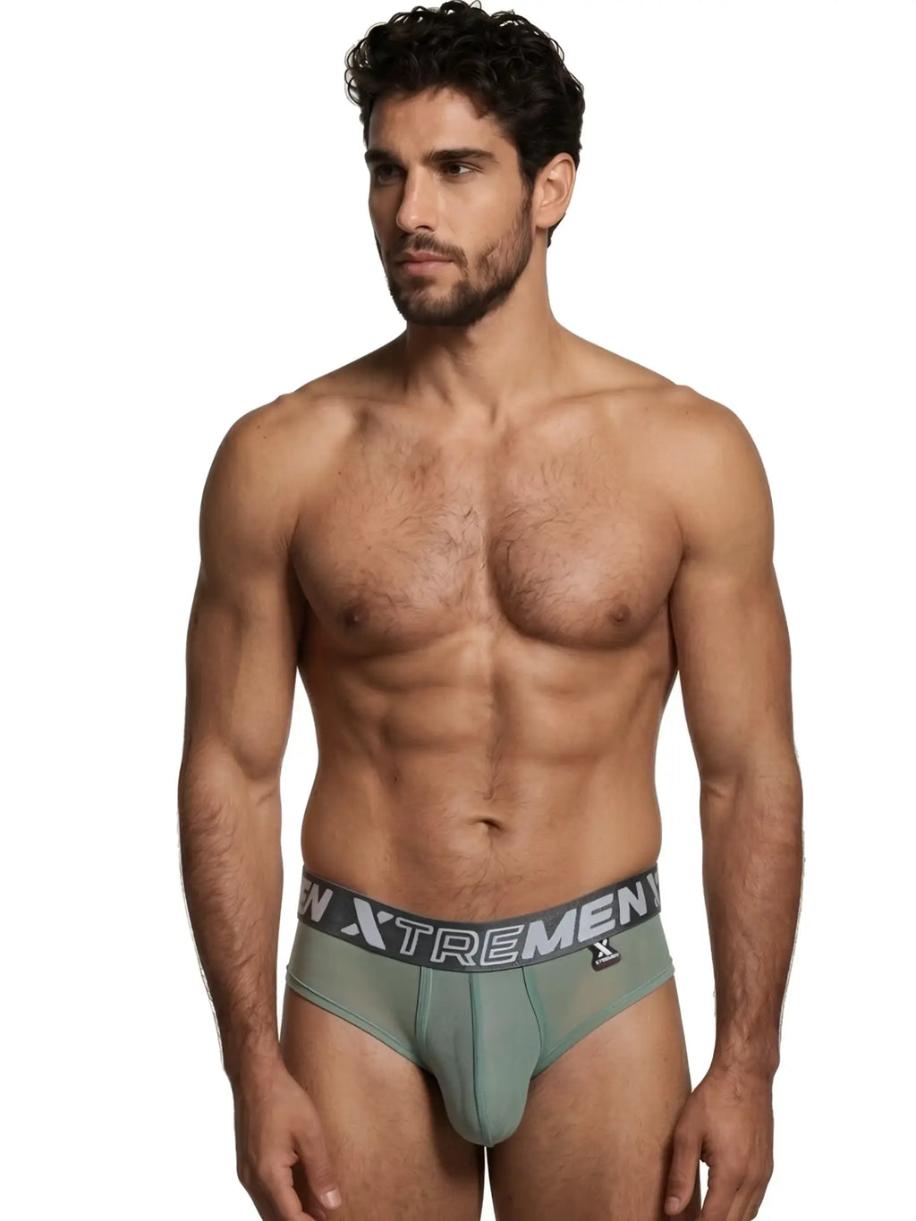 Xtremen sage green mesh bikini brief with logo waistband. Stylish, breathable performance fabric.