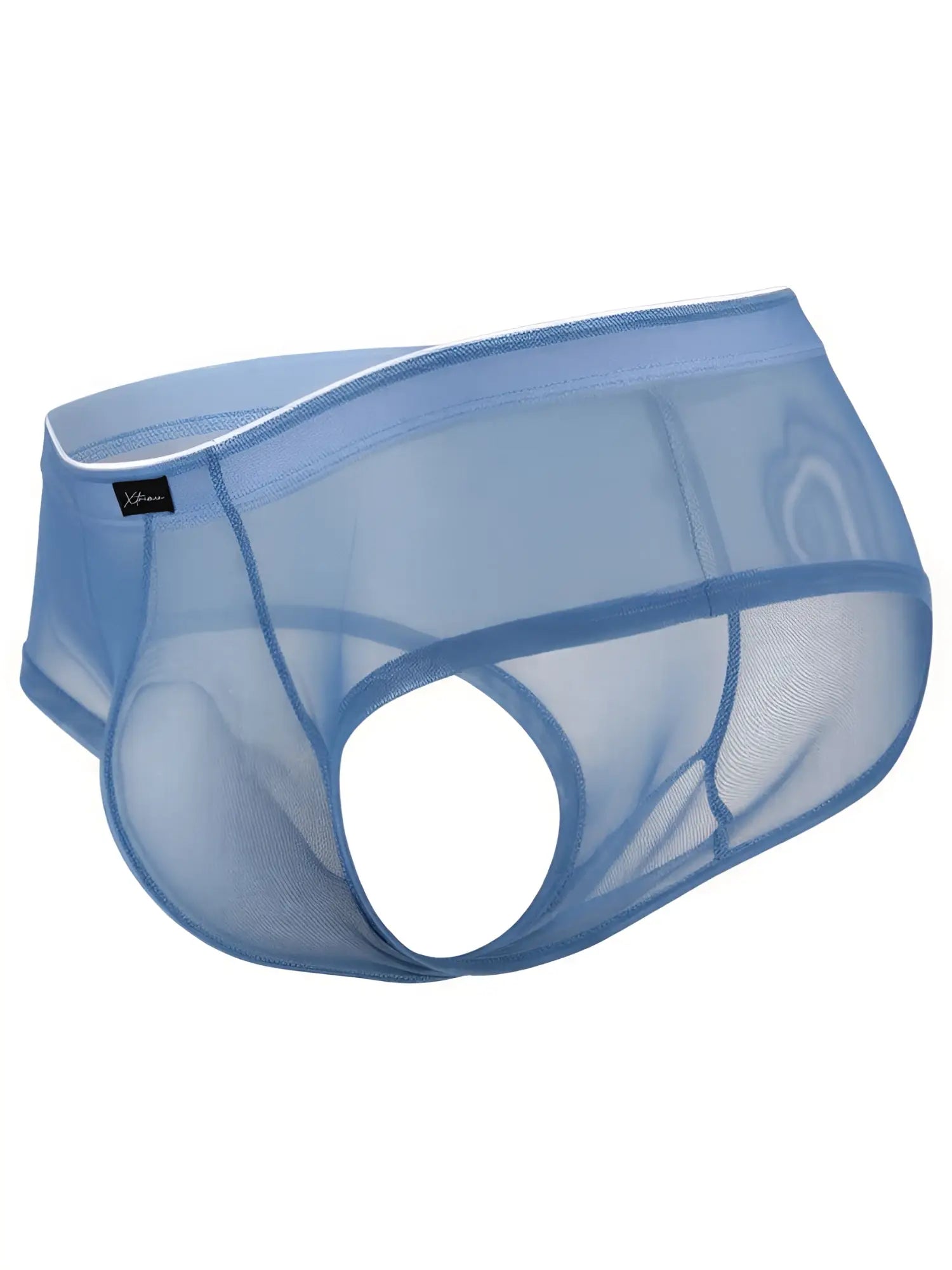 Xtremen blue mesh bikini brief. Lightweight, sheer fabric design with a white trim waistband.