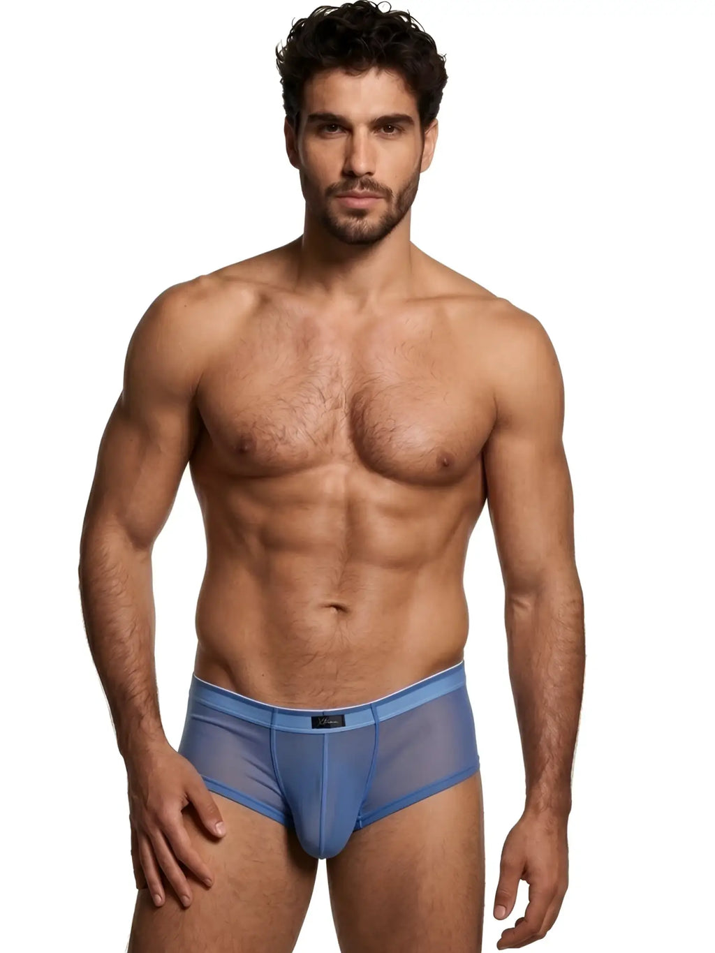 Xtremen men’s blue sheer mesh bikini brief. Model 51630. Lightweight, breathable design with elasticised waistband.