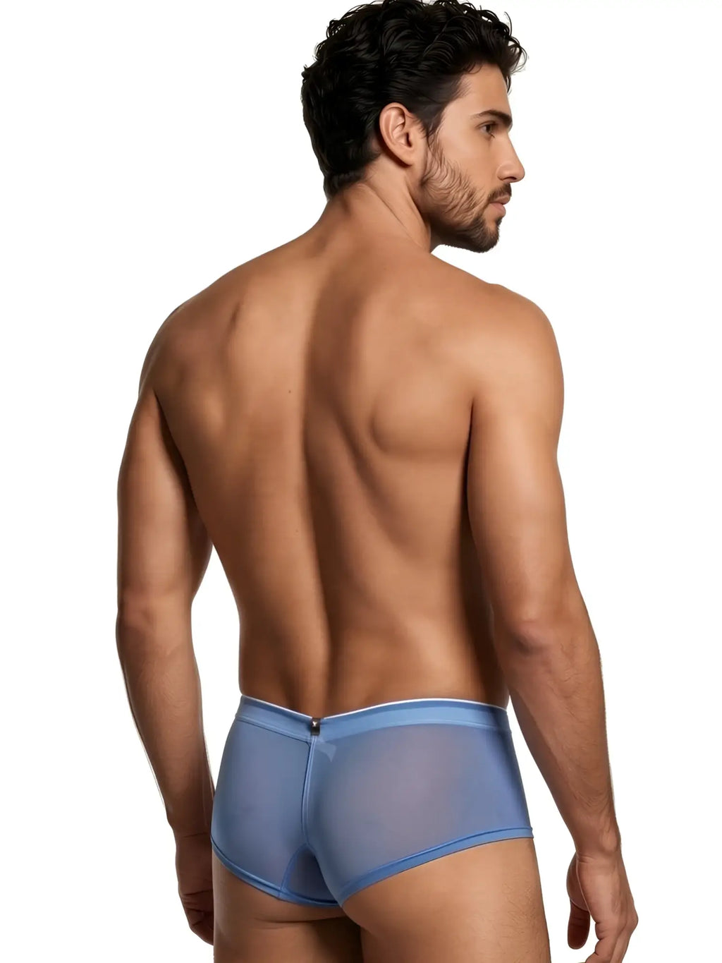 Xtremen blue mesh mini-boxer brief (model 90422). Sheer, lightweight fabric with white trim detail.