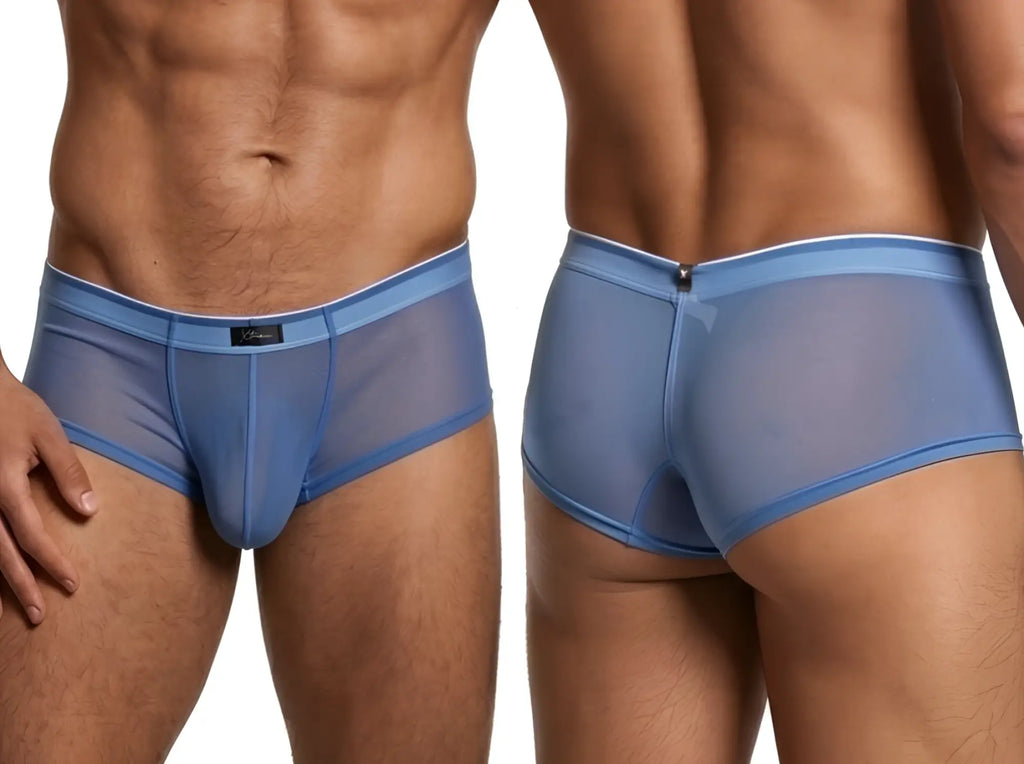 Xtremen blue mesh bikini briefs. Front and back view of sheer, lightweight fabric design.