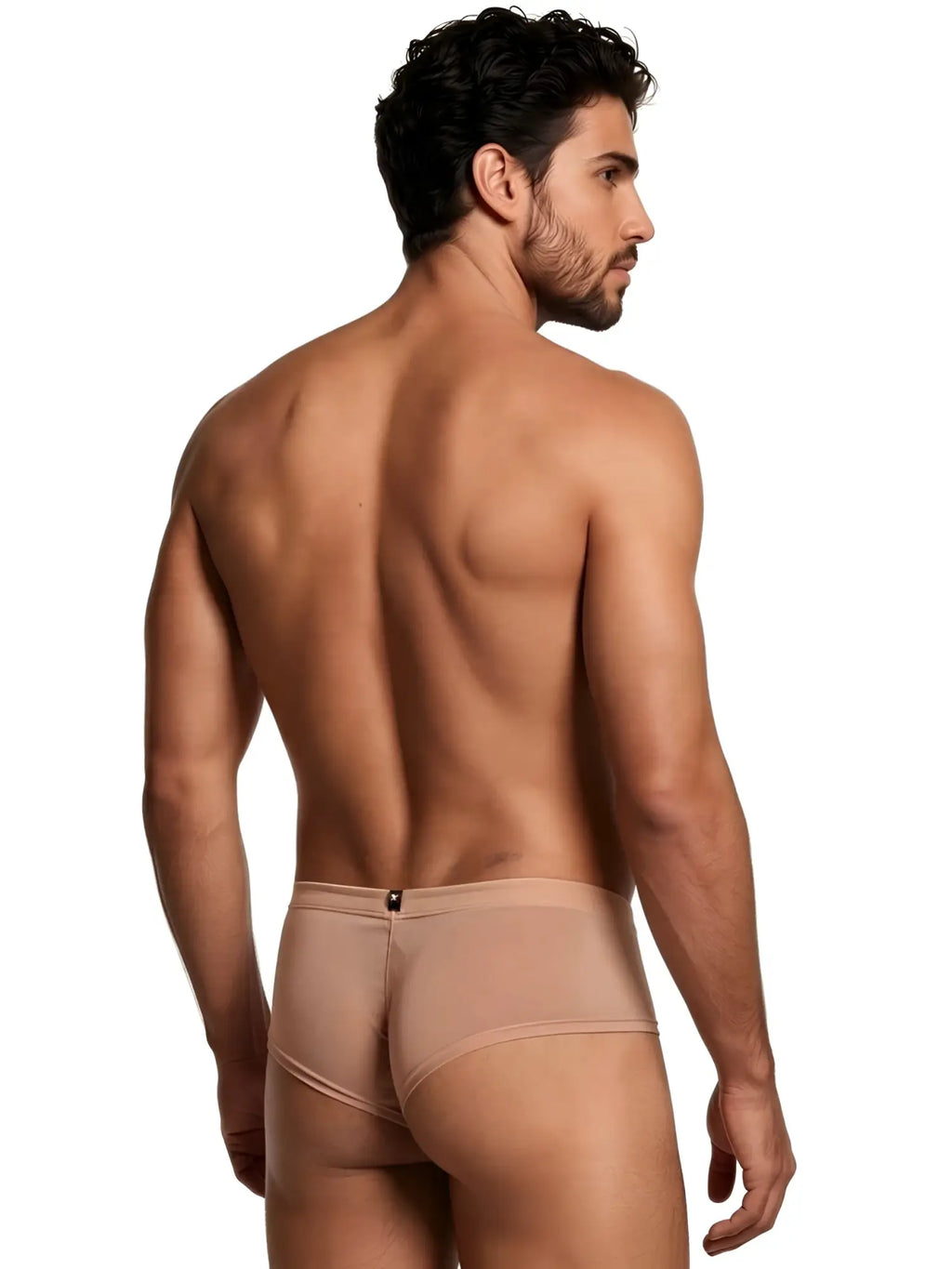 Xtremen 98314 beige microfiber trunk. Rear view of a man wearing fitted, low-rise sheer trunk underwear.