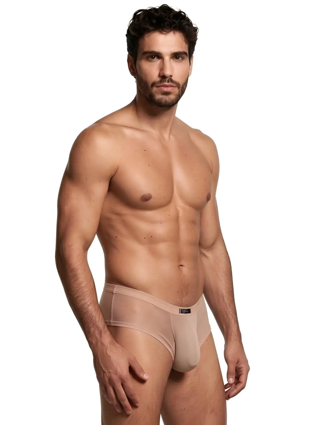 Xtremen beige sheer bikini brief. Model 91280, made from lightweight, semi-sheer mesh fabric.