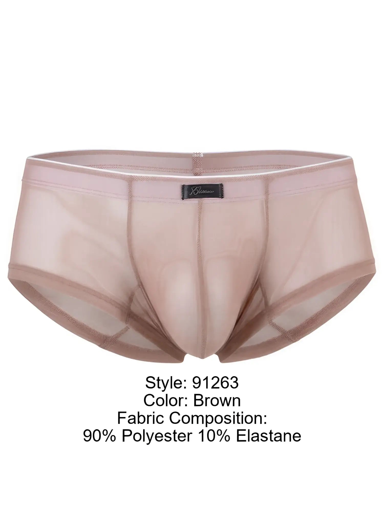 Xtremen 91263 men’s brown sheer mesh brief in polyester-elastane. Low-rise style with branded waistband.