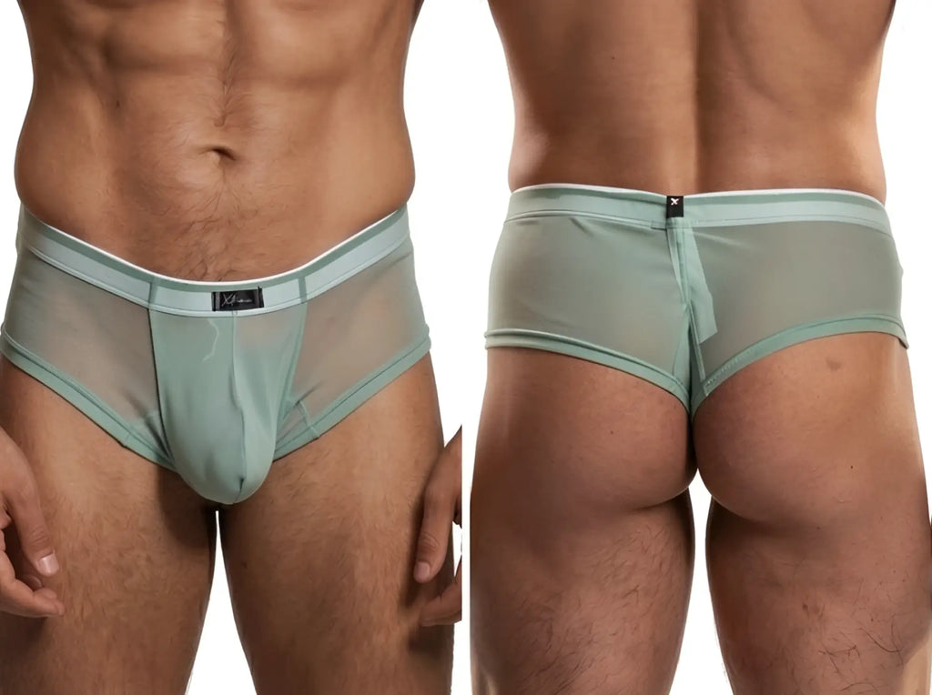 Xtremen mesh bikini brief in sage green, featuring a minimalist elastic waistband. Front and back views.