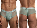 Xtremen mesh bikini brief in sage green, featuring a minimalist elastic waistband. Front and back views.