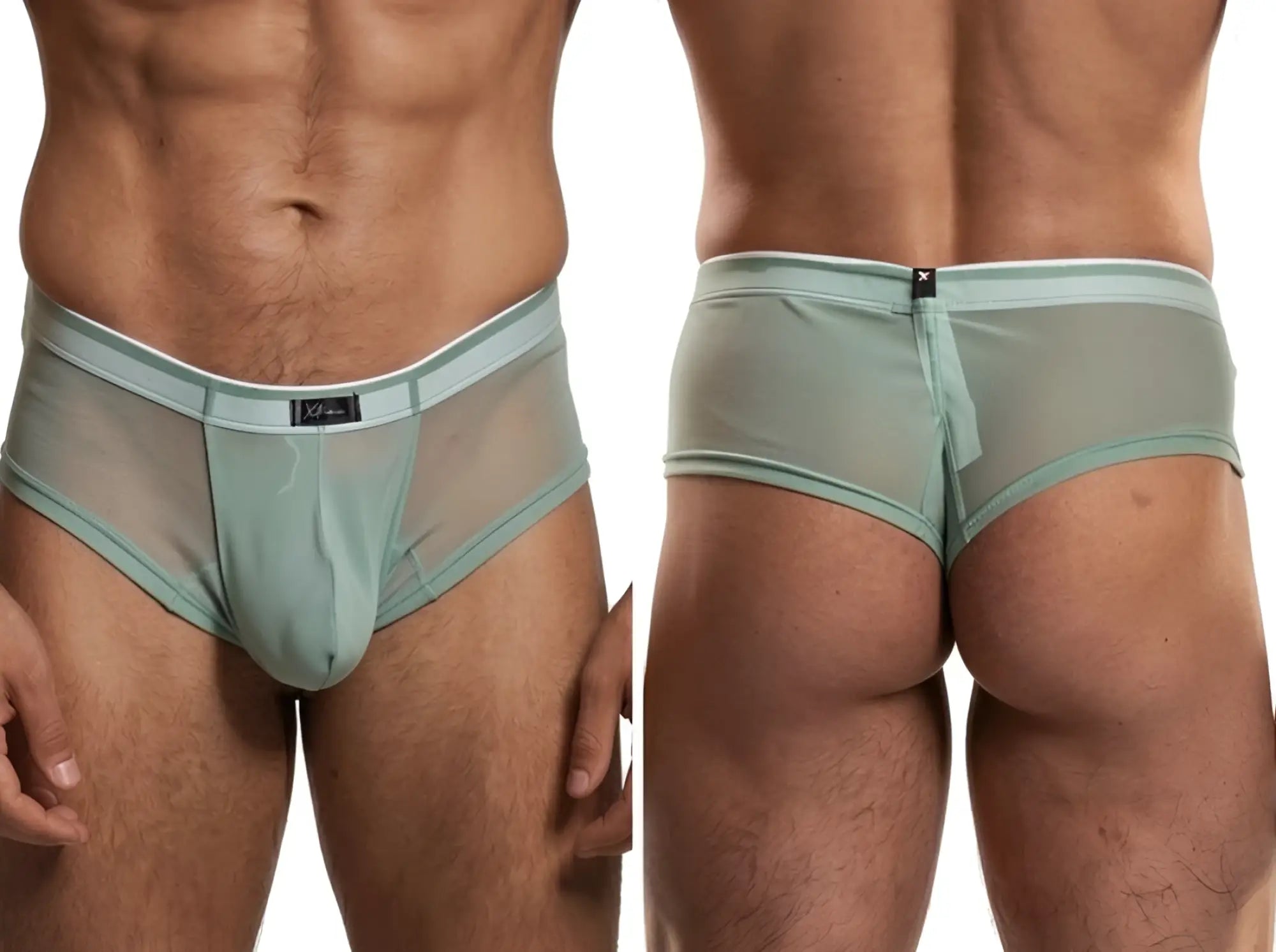 Xtremen mesh bikini brief in sage green, featuring a minimalist elastic waistband. Front and back views.