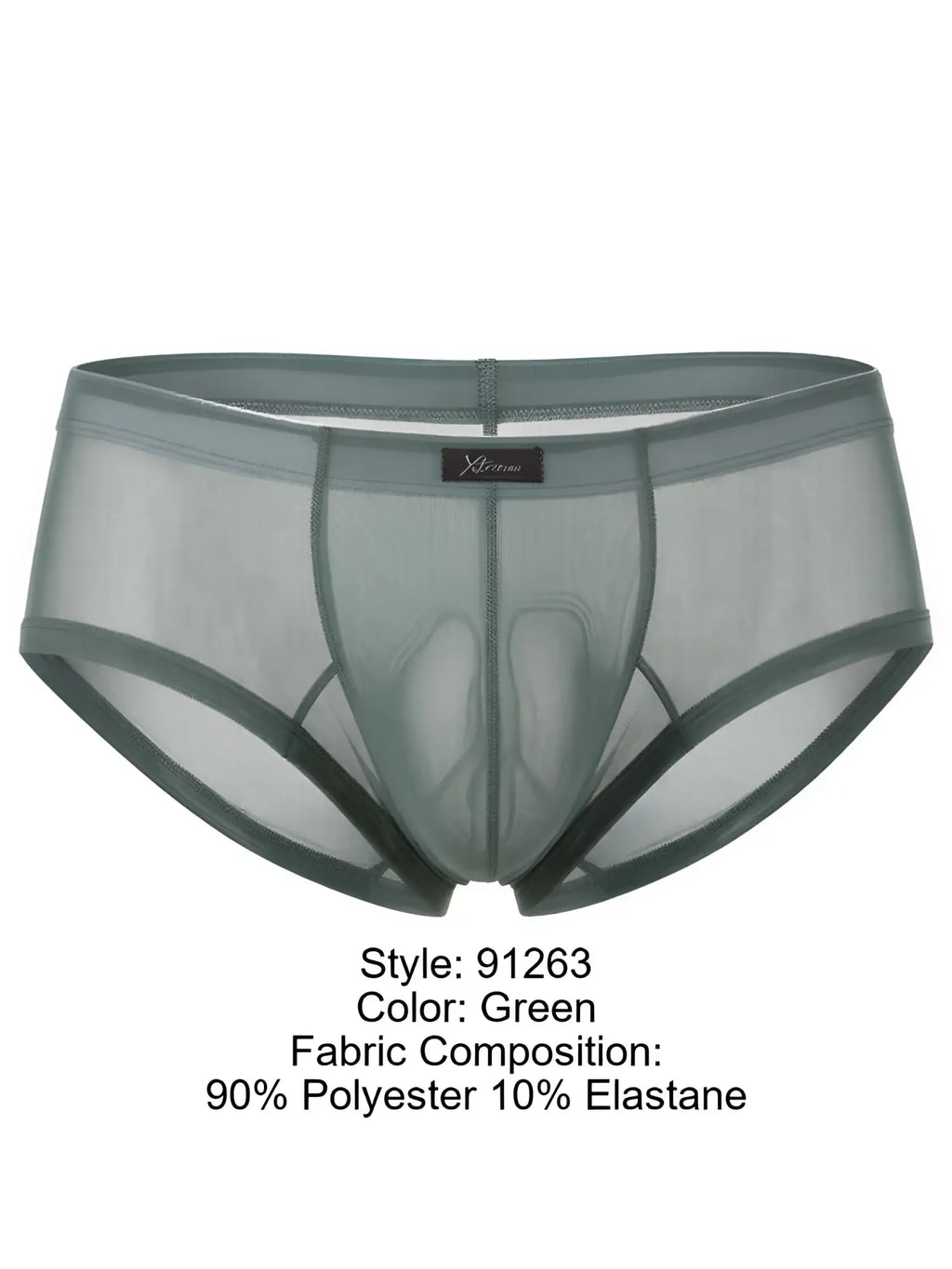 Xtremen 91263 green mesh brief. Sheer polyester/elastane blend. Minimalist, breathable design.